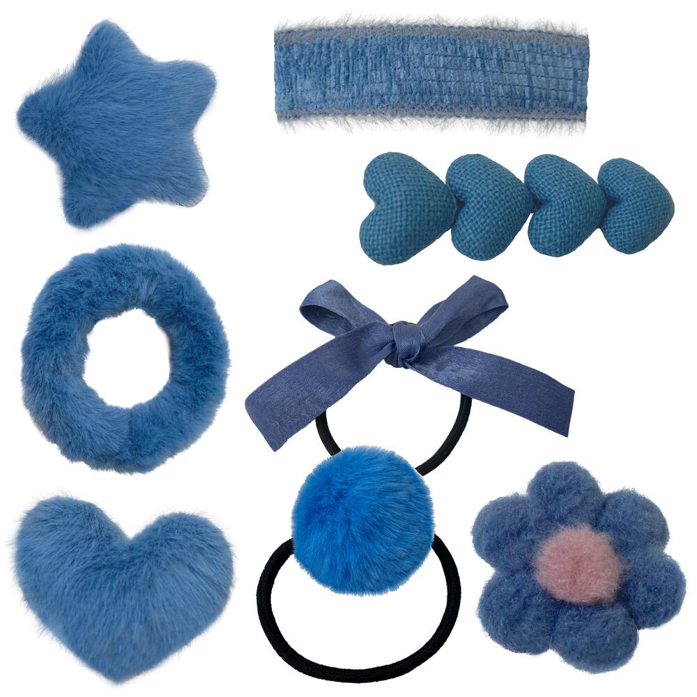 Blue Hair Barrettes Fuzzy Plush Set of 8 Accessories Girls Women